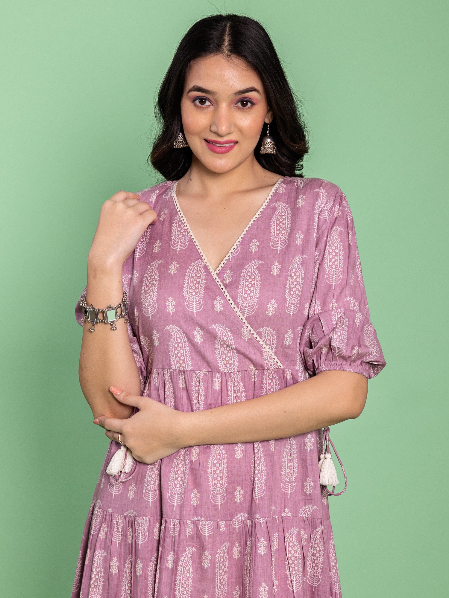 Lavender Cotton Printed Angrakha Dress